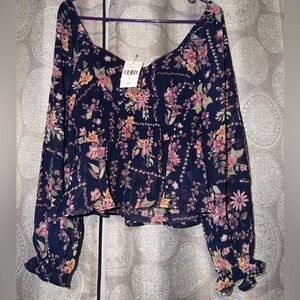 Floral Peplum Long-Sleeve Top - Navy Pink Floral